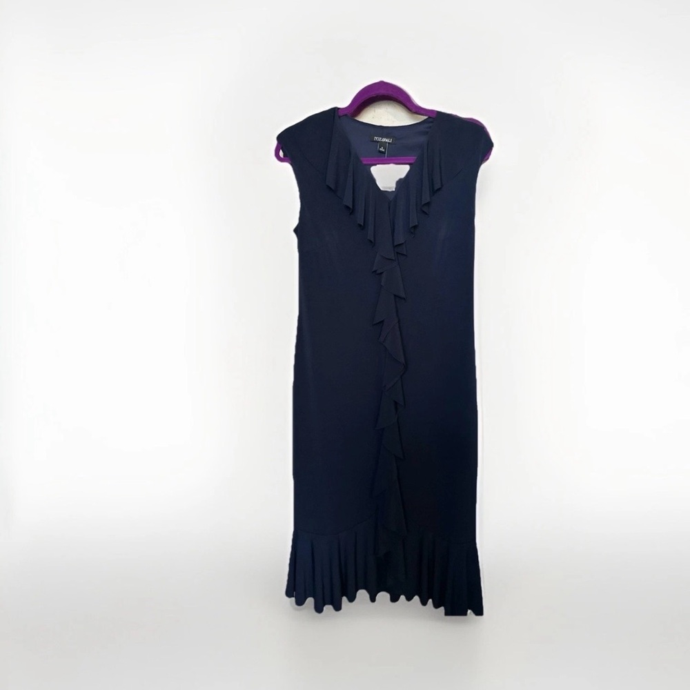 Roz & Ali Sleeveless Vneck Navy Blue Ruffle Hem Midi Dress Sz S NWT